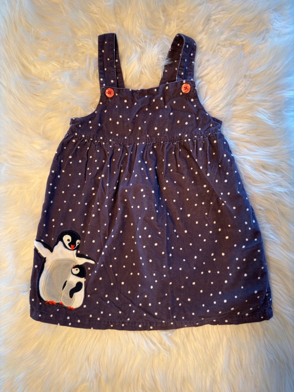 Baby Boden Navy Polka Dot Penguin Pinafore Dress with Coral Buttons Size 2/3.